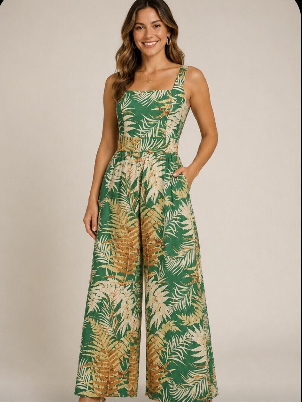 Cara Cara Square Neck Wide Leg Jumpsuit Tropical Print Large NWOT